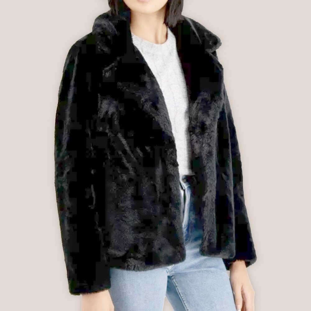 Jou Jou Black Notch-Collar Faux-Fur Jacket Coat - Picture 1 of 8